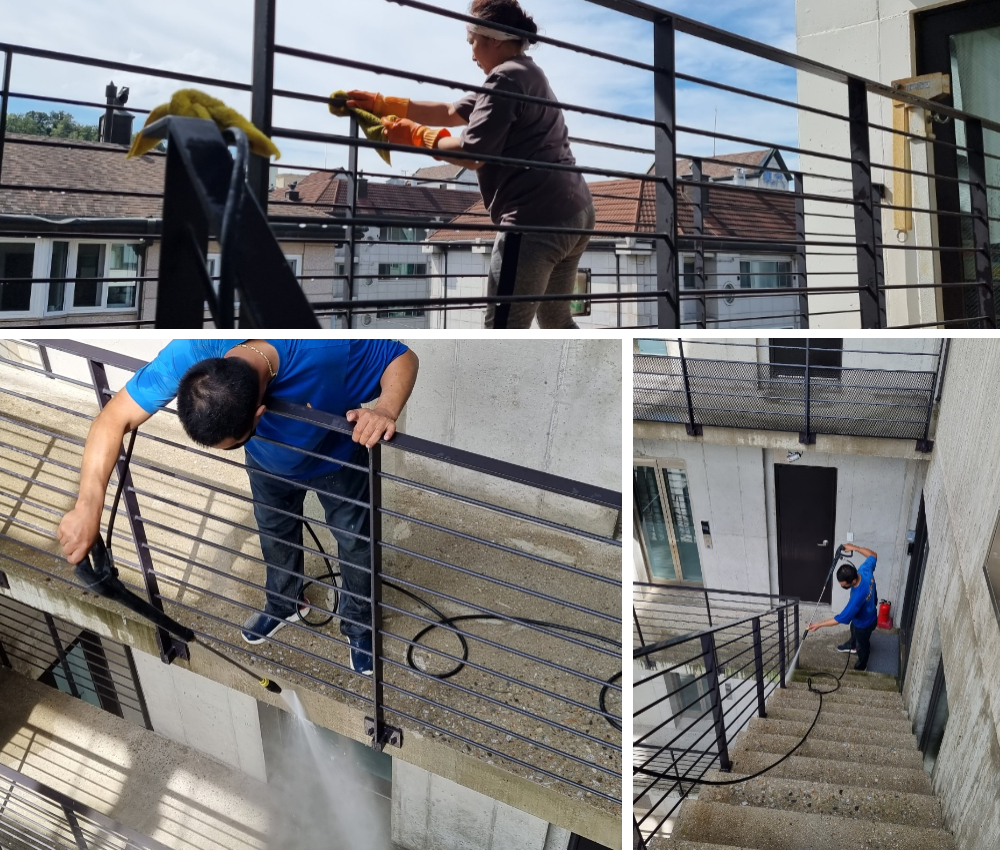 하남시 야외 계단 고압세척 - 찌든때와 녹조, 곰팡이를 완벽하게 제거합니다. 관한 작업사진입니다.